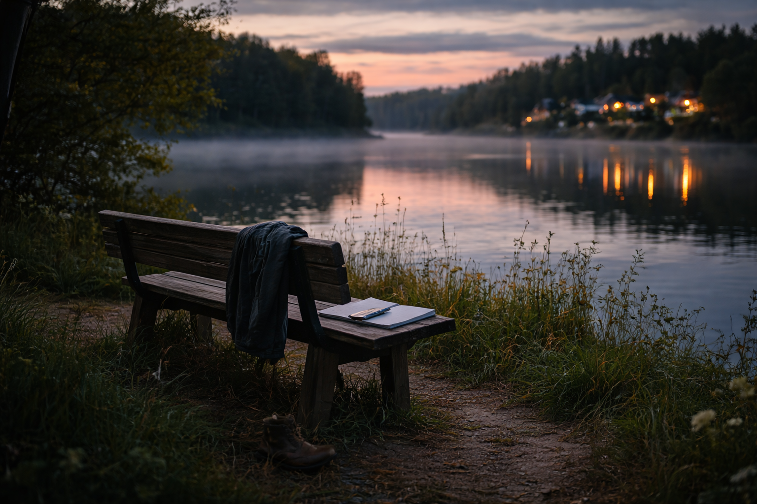 湖の横に置いてあるベンチの画像
