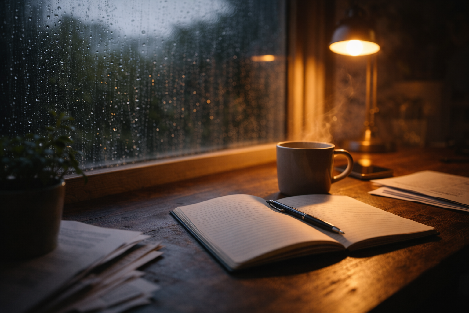 雨の日にデスクの上でノートを開いている