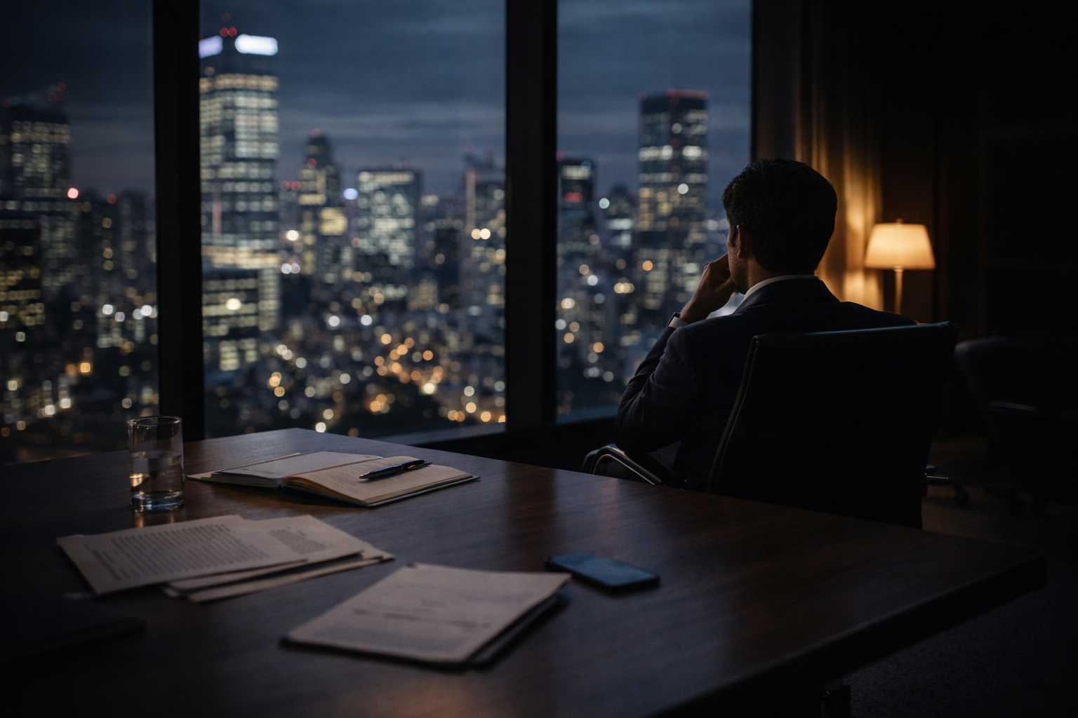 暗い室内から夜景を見ている画像