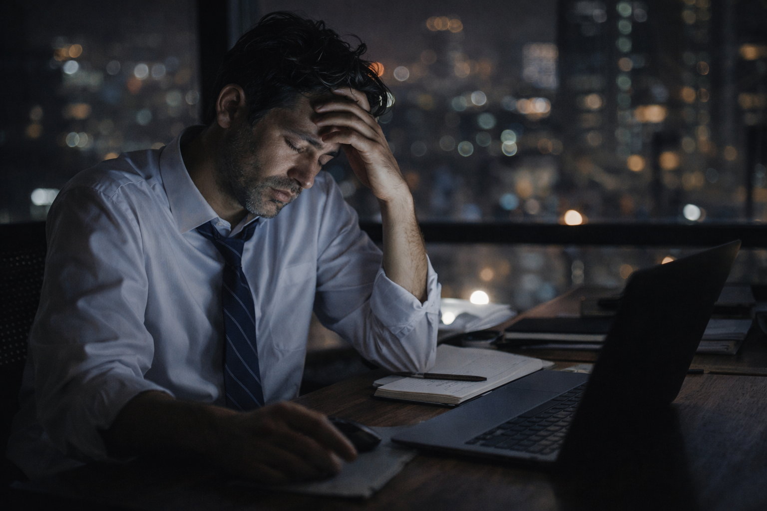 暗い部屋でデスクに向かい頭を抱えている男性