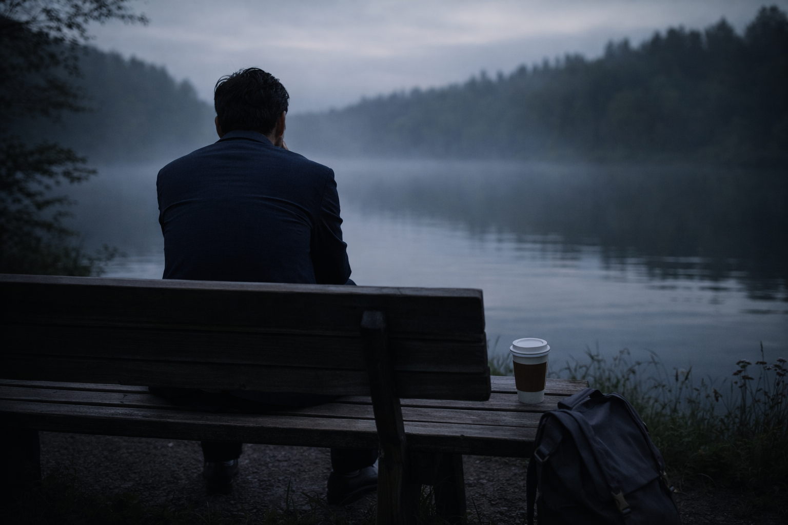 夜のベンチで物思いにふける画像