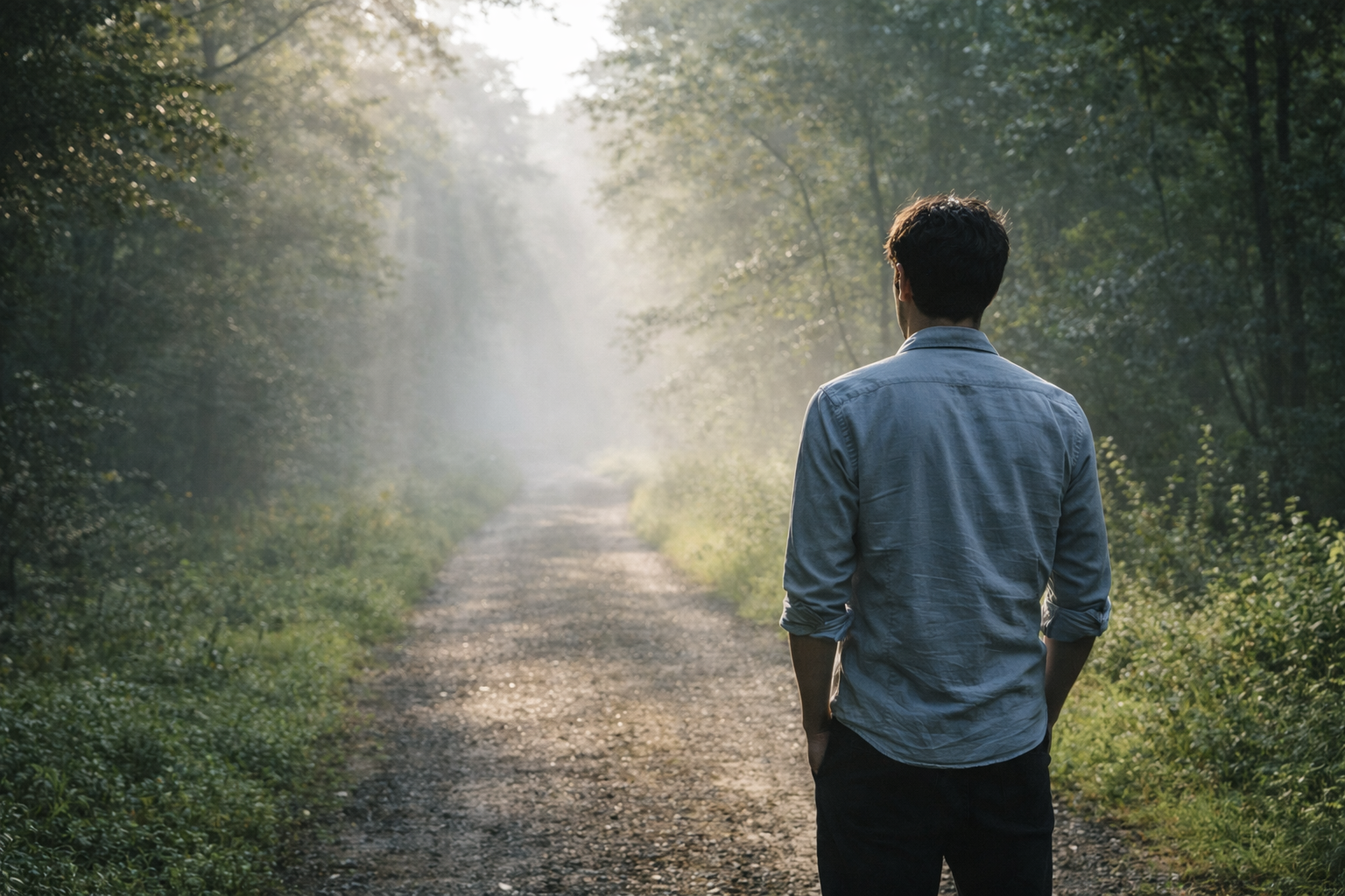 森の途中にいる男性