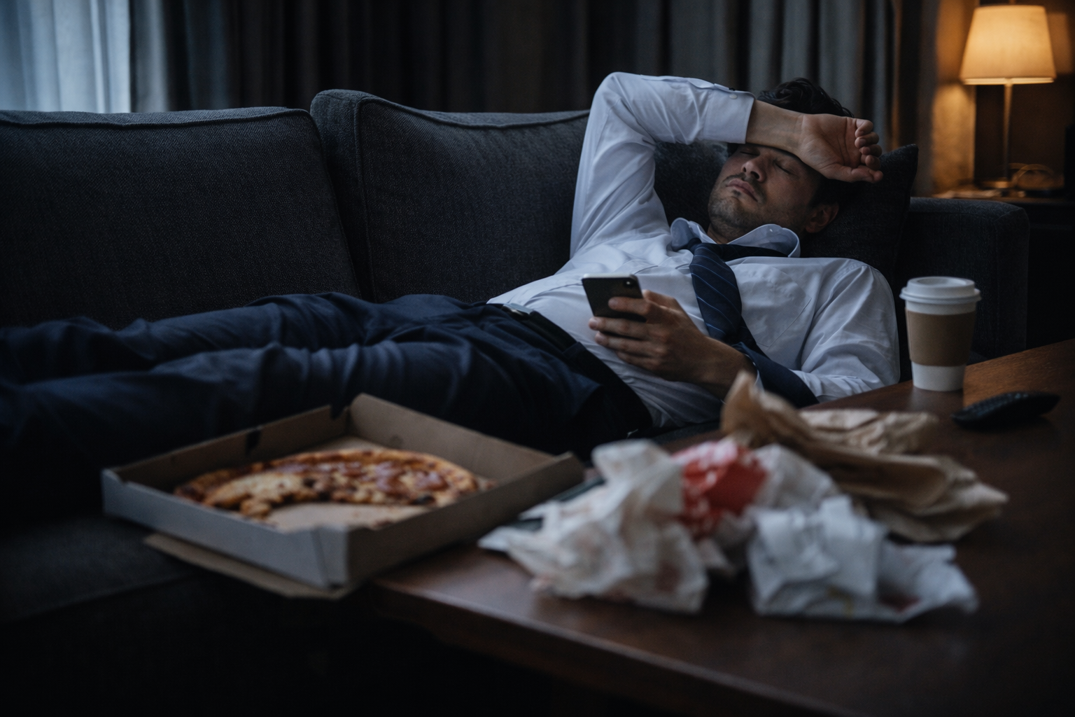 仕事から帰ってソファで疲れ果てている男性